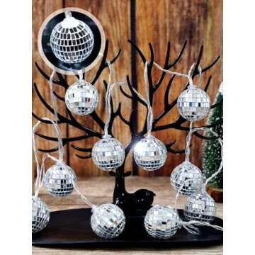 BBTO 10 Pcs LED Disco Ball String Light Battery Powered Mirror Ball Ornaments 70s 80s 90s Disco Party Supplies(Silver White,1.57 Inch)