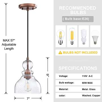 Modern 1 Light Industrial Farmhouse Adjustable semi Flush Mount Installation Hand Blown seeded Glass Washed Copper Ceiling Light for Bedroom Kitchen Island Sink Restaurant bar Corridor