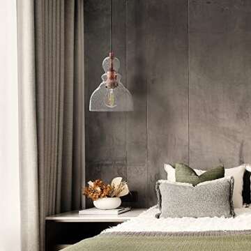 Modern 1 Light Industrial Farmhouse Adjustable semi Flush Mount Installation Hand Blown seeded Glass Washed Copper Ceiling Light for Bedroom Kitchen Island Sink Restaurant bar Corridor