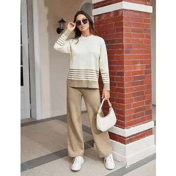 IMCTAH Womens 2 Piece Outfits Sweatsuit Striped Pullover Top Wide Leg Pants Knitted Lounge Sweater Sets(Lightkhaki-S)