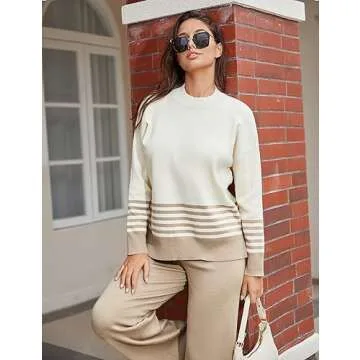 IMCTAH Womens 2 Piece Outfits Sweatsuit Striped Pullover Top Wide Leg Pants Knitted Lounge Sweater Sets(Lightkhaki-S)