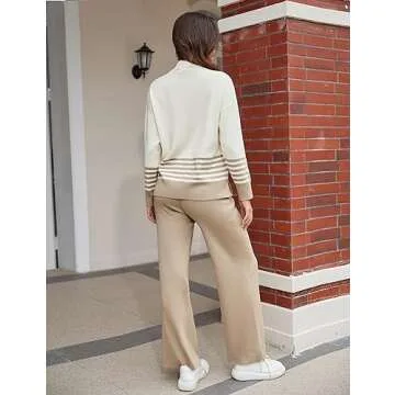 IMCTAH Womens 2 Piece Outfits Sweatsuit Striped Pullover Top Wide Leg Pants Knitted Lounge Sweater Sets(Lightkhaki-S)