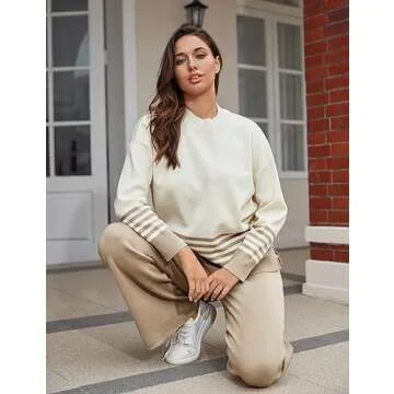 IMCTAH Womens 2 Piece Outfits Sweatsuit Striped Pullover Top Wide Leg Pants Knitted Lounge Sweater Sets(Lightkhaki-S)