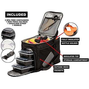 Evolutionize Meal Prep Insulated Lunch Bag - Meal Prep Cooler Bag Patented Lunch Box includes Portion Control Meal Prep Containers + Ice Pack (3 Meal, Black)
