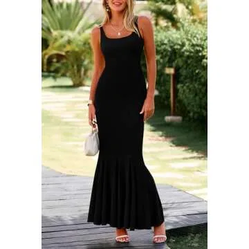 PRETTYGARDEN Women's Summer Bodycon Long Maxi Dress Sleeveless Scoop Neck Ribbed Knit Mermaid Cocktail Party Dresses (Black,X-Large)