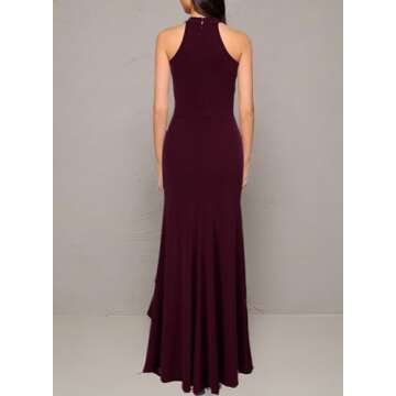 WOOSEA Women's High Neck Split Bodycon Mermaid Evening Cocktail Long Dress Burgundy,Small