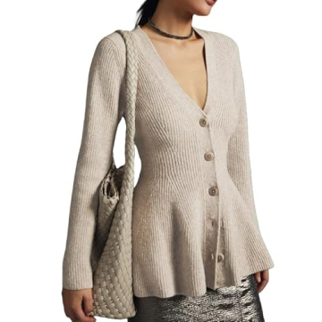 EZAPINE Womens Button Down Peplum Sweater Cardigan Long Sleeve Slim Fit V Neck Lightweight Ribbed Kn...