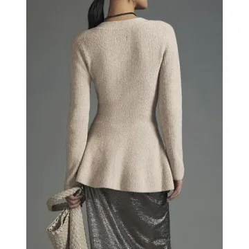 EZAPINE Womens Button Down Peplum Sweater Cardigan Long Sleeve Slim Fit V Neck Lightweight Ribbed Knit Top Khaki