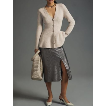 EZAPINE Womens Button Down Peplum Sweater Cardigan Long Sleeve Slim Fit V Neck Lightweight Ribbed Knit Top Khaki