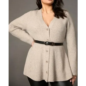 EZAPINE Womens Button Down Peplum Sweater Cardigan Long Sleeve Slim Fit V Neck Lightweight Ribbed Knit Top Khaki