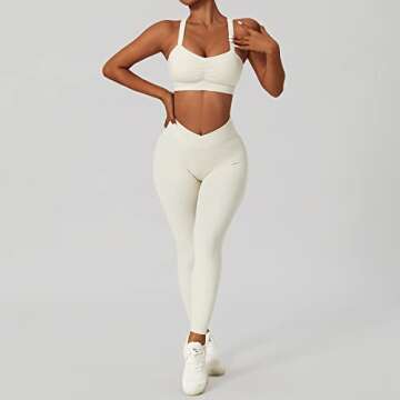 ABOCIW Workout Sets for Women Buttery Soft Cross Waist High Waist Leggings Twisted Multis Strap Sport Bra 2 Piece Yoga Outfits Matching Gym Sets #2 Cream Small