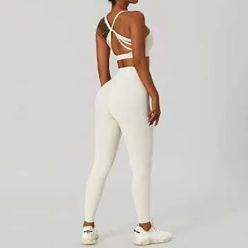 ABOCIW Workout Sets for Women Buttery Soft Cross Waist High Waist Leggings Twisted Multis Strap Sport Bra 2 Piece Yoga Outfits Matching Gym Sets #2 Cream Small