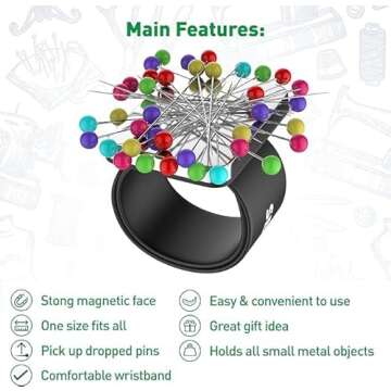 Sew Your Way Magnetic Pin Cushion Wristband Black 9" – Strong Pin Holder for Sewing & Quilting | Gift for Sewers Gift for Quilters | Top Sewing Notion & Quilting Accessory | Wrist Pin Cushion
