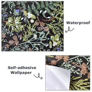 Okydoky Peel and Stick Wallpaper, Black Floral Wallpaper, 17.3"x78.7", Boho Leaf Wallpaper, Self-Adhesive Wallpaper, Home Decor for Bathoom Kitchen Wall Cabinet, Vinyl Waterproof L93192-2(US)