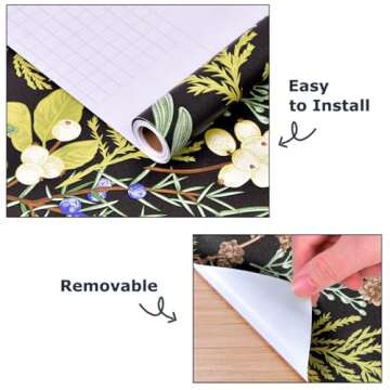 Okydoky Peel and Stick Wallpaper, Black Floral Wallpaper, 17.3"x78.7", Boho Leaf Wallpaper, Self-Adhesive Wallpaper, Home Decor for Bathoom Kitchen Wall Cabinet, Vinyl Waterproof L93192-2(US)