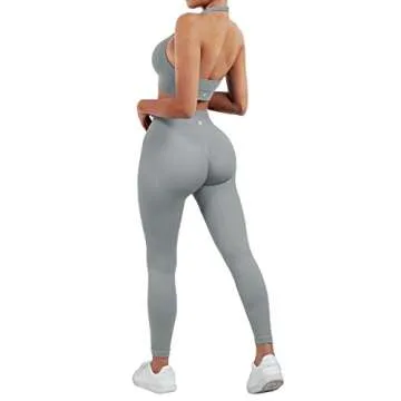 SUUKSESS Women Two Piece Seamless Ribbed Workout Sets Outfits Backless Halter Sports Bra Booty Biker Leggings (#1 Grey, M)