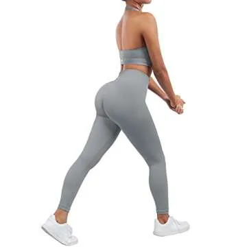 SUUKSESS Women Two Piece Seamless Ribbed Workout Sets Outfits Backless Halter Sports Bra Booty Biker Leggings (#1 Grey, M)