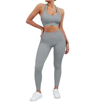SUUKSESS Women Two Piece Seamless Ribbed Workout Sets Outfits Backless Halter Sports Bra Booty Biker Leggings (#1 Grey, M)