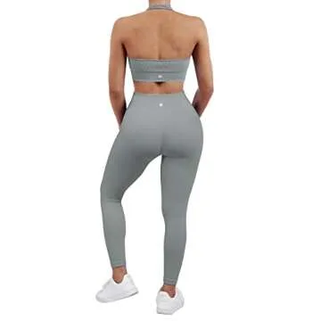 SUUKSESS Women Two Piece Seamless Ribbed Workout Sets Outfits Backless Halter Sports Bra Booty Biker Leggings (#1 Grey, M)