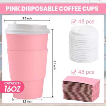 48 Set 16 oz Pink Disposable Coffee Cups with Lids - Perfect for Parties and Events!