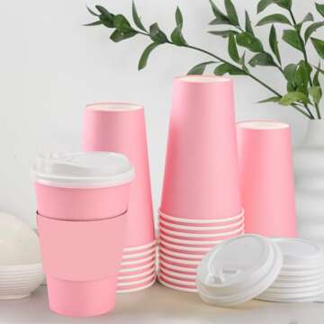 48 Pink Disposable Coffee Cups with Lids for Events