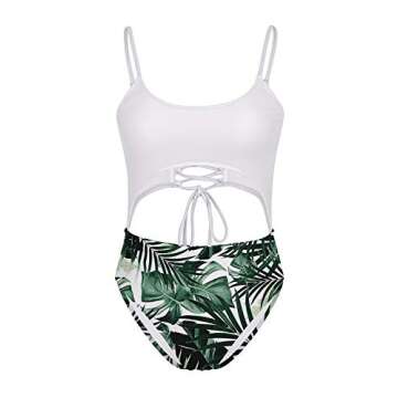 Meyeeka Womens Scoop Neck Cut Out Front Lace Up Back High Cut Monokini One Piece Swimsuit (S, Leaf)