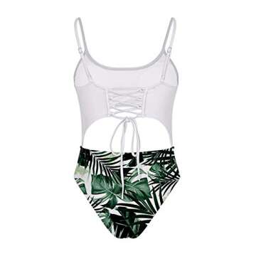 Meyeeka Womens Scoop Neck Cut Out Front Lace Up Back High Cut Monokini One Piece Swimsuit (S, Leaf)