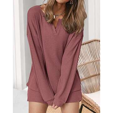 Ekouaer Pajama Set for Women Waffle Knit Lounge Sets Long Sleeve Top and Shorts Matching Loungewear,Rose Red,L