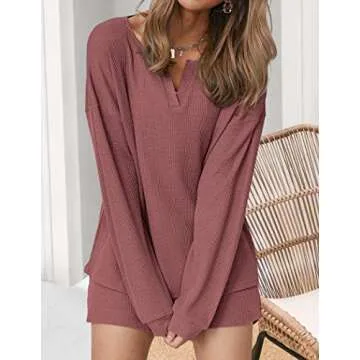 Ekouaer Pajama Set for Women Waffle Knit Lounge Sets Long Sleeve Top and Shorts Matching Loungewear,Rose Red,L