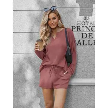 Ekouaer Pajama Set for Women Waffle Knit Lounge Sets Long Sleeve Top and Shorts Matching Loungewear,Rose Red,L