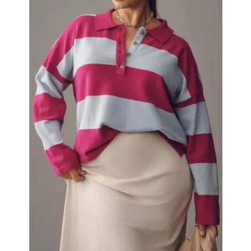 Dsewpaur Women Striped Sweater Long Sleeve Lapel Polo V Neck Strip Knit Pullover Casual Layer Top Jumper Y2K Shirt Green