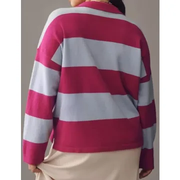 Dsewpaur Women Striped Sweater Long Sleeve Lapel Polo V Neck Strip Knit Pullover Casual Layer Top Jumper Y2K Shirt Green