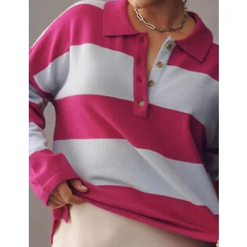 Dsewpaur Women Striped Sweater Long Sleeve Lapel Polo V Neck Strip Knit Pullover Casual Layer Top Jumper Y2K Shirt Green