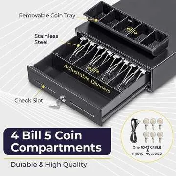 Volcora 13" Electronic Cash Register Drawer for Point of Sale (POS) System with 4 Bill 5 Coin Cash Tray, Removable Coin Compartment, 24V, RJ11/RJ12 Key-Lock, Media Slot, Black - for Small Businesses