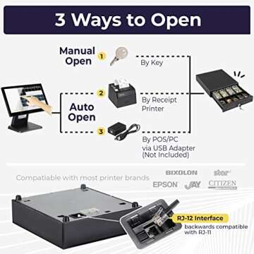 Volcora 13" Electronic Cash Register Drawer for Point of Sale (POS) System with 4 Bill 5 Coin Cash Tray, Removable Coin Compartment, 24V, RJ11/RJ12 Key-Lock, Media Slot, Black - for Small Businesses