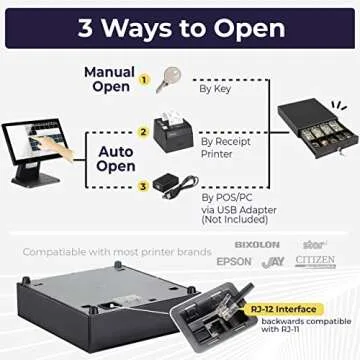 Volcora 13" Electronic Cash Register Drawer for Point of Sale (POS) System with 4 Bill 5 Coin Cash Tray, Removable Coin Compartment, 24V, RJ11/RJ12 Key-Lock, Media Slot, Black - for Small Businesses