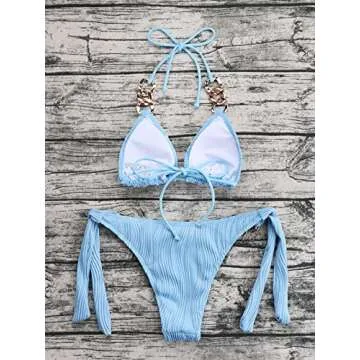 Verdusa Women's 2 Piece Tie Knot Halter Triangle Bikini Sets Swimwear Bathing Suit Light Blue M