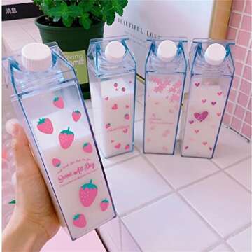 Milk Carton Water Bottle, Strawberry Milk Box Bottle, Clear Milk Carton Plastic Leakproof Cup 17OZ
