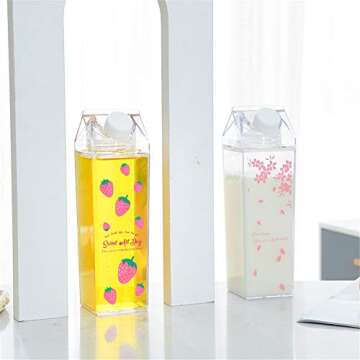 Milk Carton Water Bottle, Strawberry Milk Box Bottle, Clear Milk Carton Plastic Leakproof Cup 17OZ