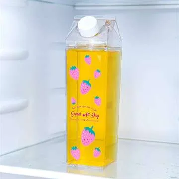 Milk Carton Water Bottle, Strawberry Milk Box Bottle, Clear Milk Carton Plastic Leakproof Cup 17OZ