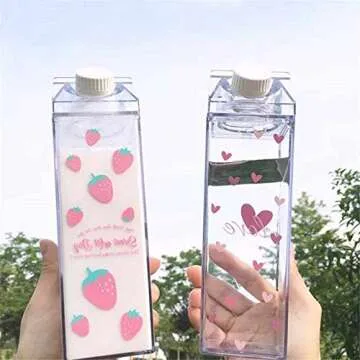 Milk Carton Water Bottle, Strawberry Milk Box Bottle, Clear Milk Carton Plastic Leakproof Cup 17OZ