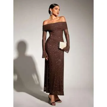 KUTUMAI Women Off Shoulder Bodycon Maxi Dress Long Sleeve Sequin Dress for Formal Events and Wedding...
