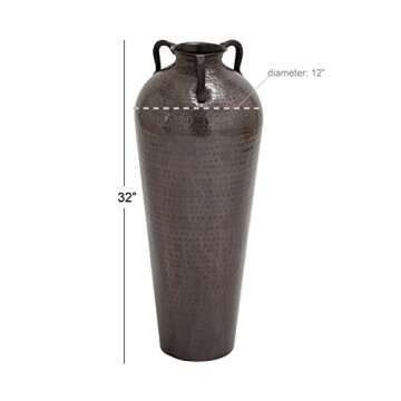Deco 79 Metal Tall Floor Mediterranean Style Vase with Hammered Details and Handles, 12" x 12" x 32", Brown