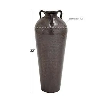 Deco 79 Metal Tall Floor Mediterranean Style Vase with Hammered Details and Handles, 12" x 12" x 32", Brown
