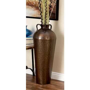 Deco 79 Metal Tall Floor Mediterranean Style Vase with Hammered Details and Handles, 12" x 12" x 32", Brown