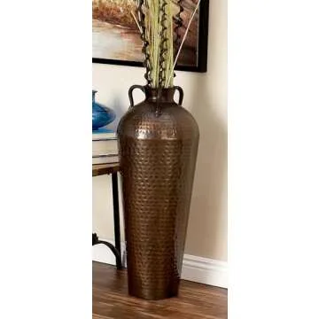 Deco 79 Metal Tall Floor Mediterranean Style Vase with Hammered Details and Handles, 12" x 12" x 32", Brown