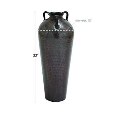 Deco 79 Metal Tall Floor Mediterranean Style Vase with Hammered Details and Handles, 12" x 12" x 32", Brown