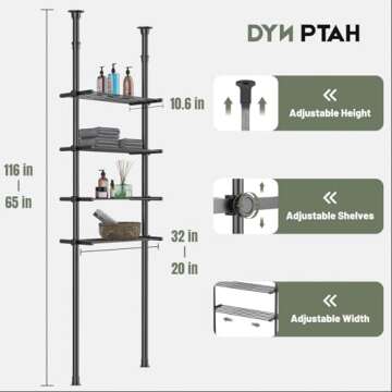 DYN Ptah 4-Tier Adjustable Metal Bathroom Shelves, Over Toilet Storage Organizer for Small Spaces, 65 to 116 Inch Tall, Black