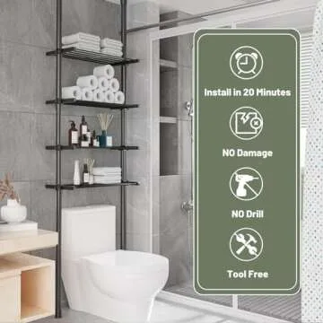 DYN Ptah 4-Tier Adjustable Metal Bathroom Shelves, Over Toilet Storage Organizer for Small Spaces, 65 to 116 Inch Tall, Black