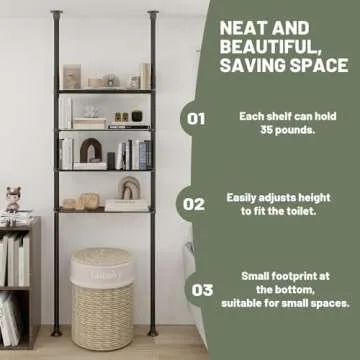 DYN Ptah 4-Tier Adjustable Metal Bathroom Shelves, Over Toilet Storage Organizer for Small Spaces, 65 to 116 Inch Tall, Black